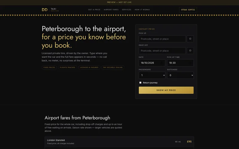 DD Taxi Services preview with an instant price form and airport fares