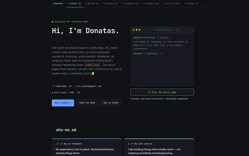 Developer view of icycode.co.uk with a terminal and code-style sections