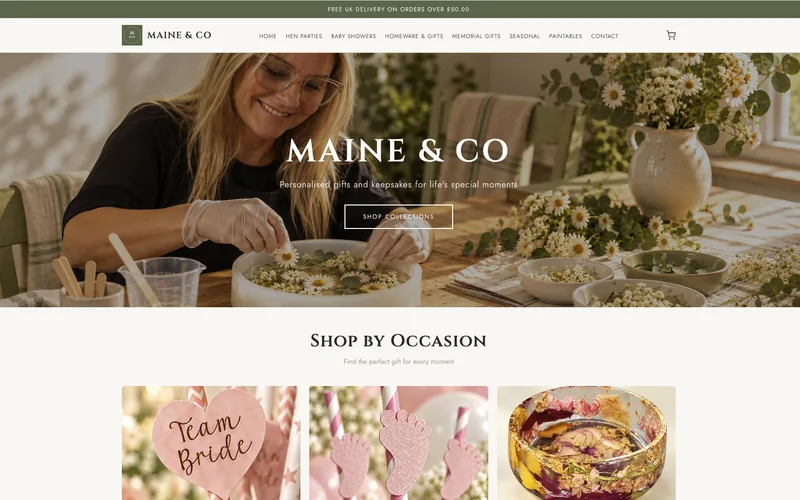Maine & Co homepage with a shop-by-occasion section