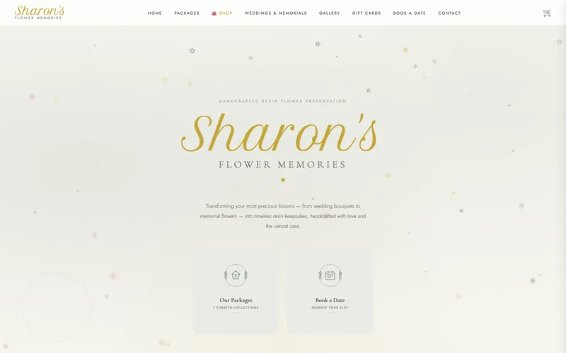 Sharon's Flower Memories homepage with links to packages and date booking